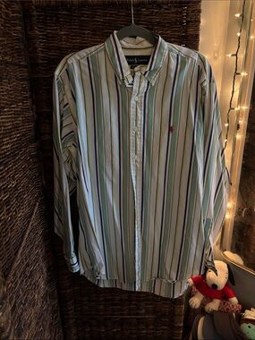 Ralph Lauren Men’s White Button-Down Shirt with Green & Navy Stripes